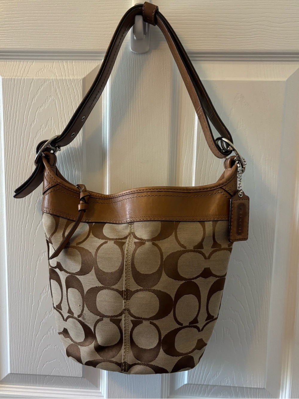 Coach Signature F13358 Tan Canvas Leather Shoulder Bucket Bag Purse Y2K